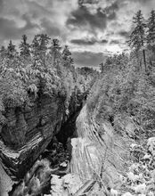 Ausable Chasm after winter snowfall, black and white