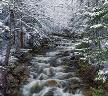Owen Pond Outlet spring snowfall, Wilmington Notch