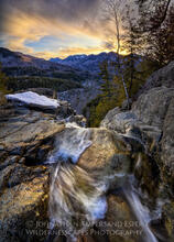 Roaring Brook Falls at top of falls with April sunset over Great Range