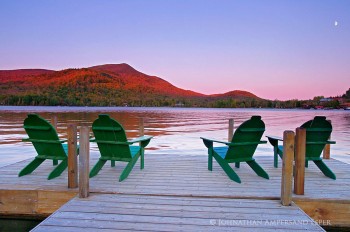 Blue Mountain Lake dock and sunset glow