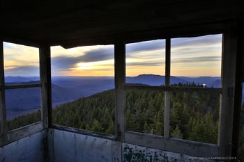 Loon Lake Mountain firetower cabin view of sunset over Debar Mt