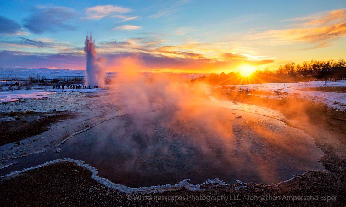 &nbsp;Stokkur Geysir erupting during a December afternoon sunset, Iceland, with Blesi pool in foreground. This is three photos...