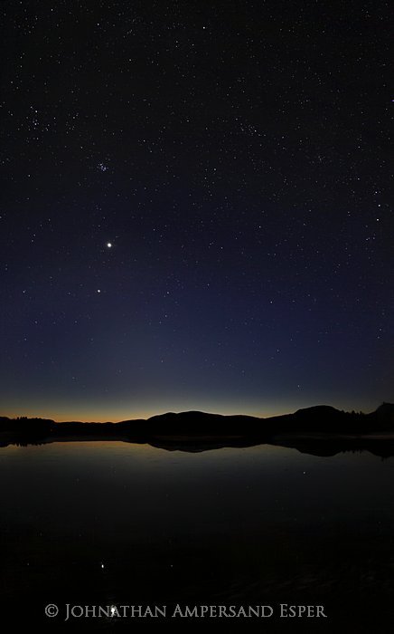 &nbsp;Blue Mountain Lake with planets Venus and Jupiter aligned and shining brightly in the evening sky, March 2012.
