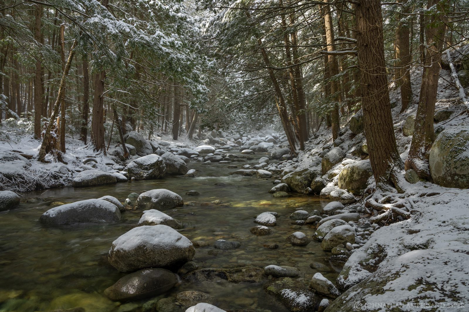 Boquet River,Boquet River South fork,hemlocks,spring snow,spring,snowfall,snowy,stream,river,forest,2020,Adirondack forest