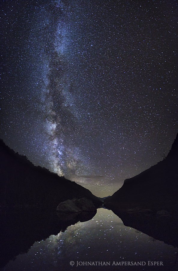 Lower Cascade Lake night sky reflection of Milky Way galaxy and stars, summer 2014. &nbsp; A vertical panorama of three 17mm...