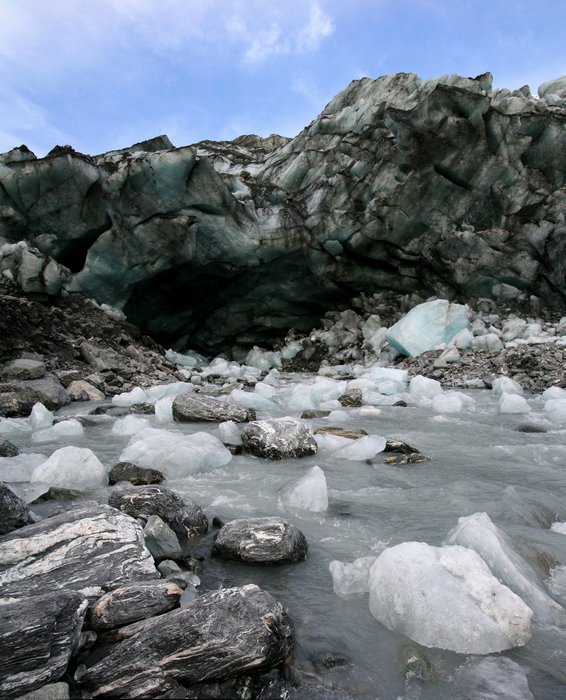 Icemelt stream flowing out from the bottom of a glacier in New Zealand.