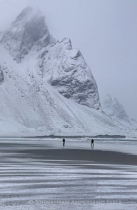Two photographers in poor weather at Vestrahorn, near  H&ouml;fn, Iceland