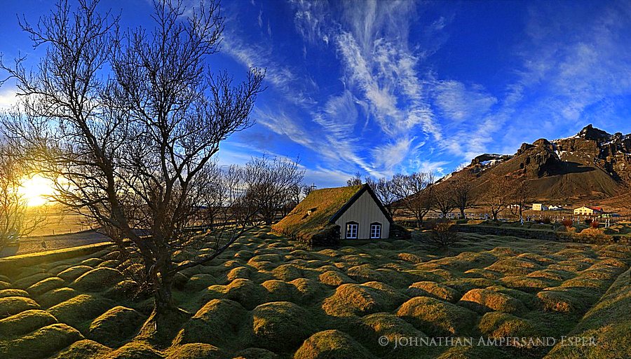 Hofskirkja country church, with turf covered graves, Iceland