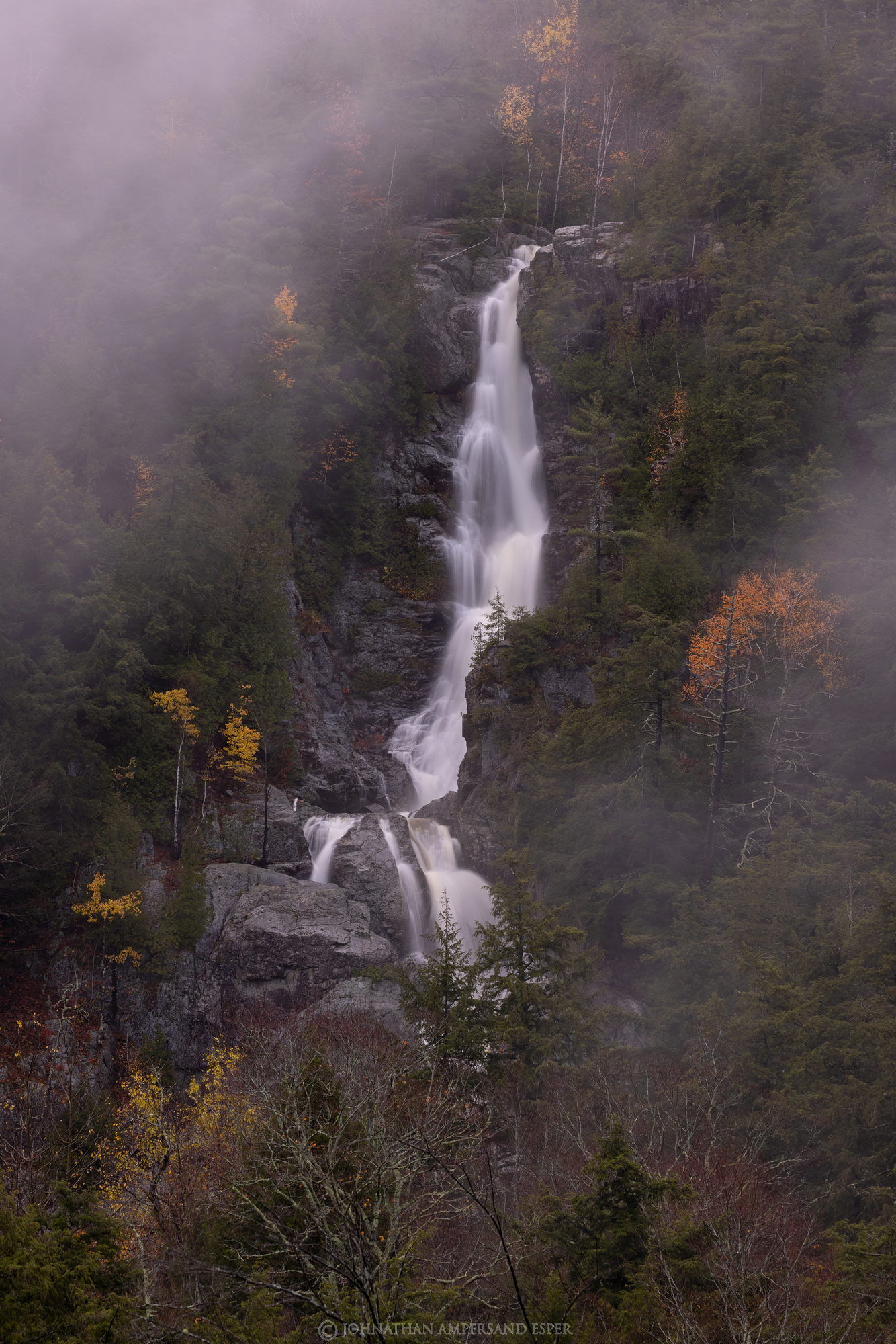 Roaring Brook Falls, fog, Halloween, waterfall, falls, Roaring Brook, rain storm, lifting fog, Adirondack waterfall, flooding...