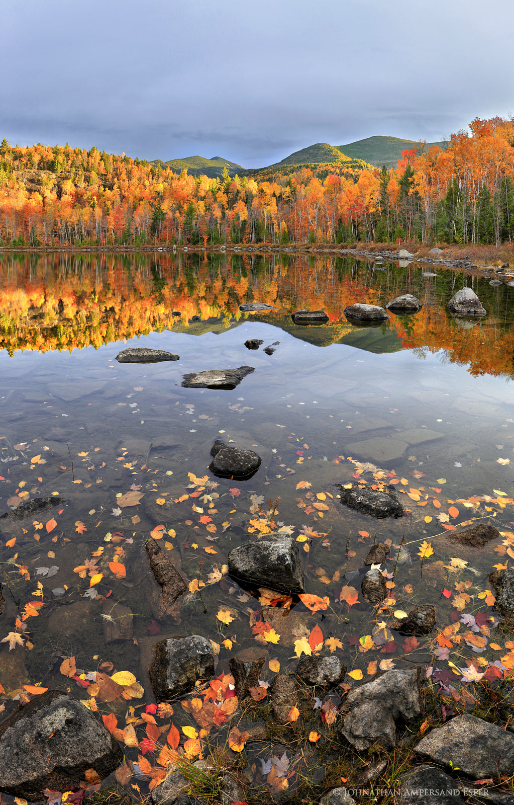Round Pond,autumn,sunrise,light,Giant Mt,shoreline,reflection,trees,Dix Wilderness